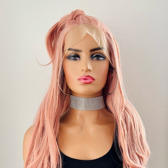 Long 28” Dusty Pink Versatile 13x2.5 Lace Front Premium Synthetic Fiber Wig - Picture 3 of 16